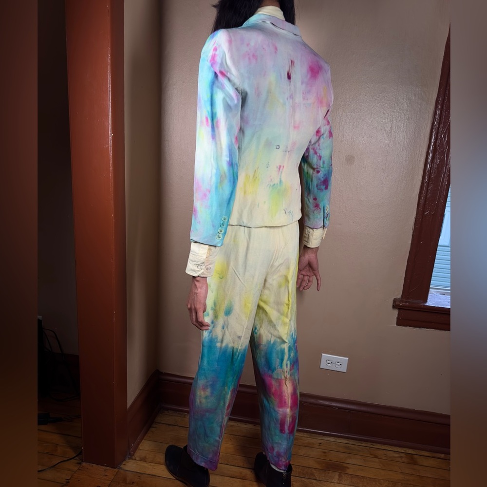 Party Dyed Suit Vintage Painted Blazer Rainbow Boho Jacket Funky Y2K Pants Chic - Picture 9 of 16